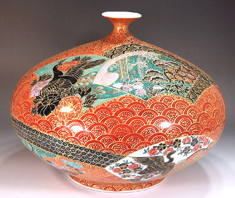 Fujii Kinsai Arita Japan - Somenishiki  Kinsai Seigaiha Oogiwari Flower & Bird vase 25.20 cm - Free Shipping