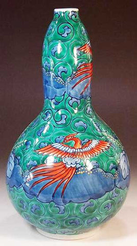 Fujii Kinsai Arita Japan - Somenishiki Phoenix Karakusa Kiri Vase 23.20 cm - Free Shipping