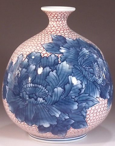 Fujii Kinsai Arita Japan - Somenishiki Maru Monyou Peony Vase 17.50 cm  - Free Shipping