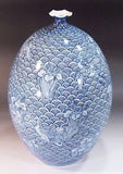 Fujii Kinsai Arita Japan - Sometsuke Seigaiha Heron & Iris Vase 35.00 cm  - Free Shipping