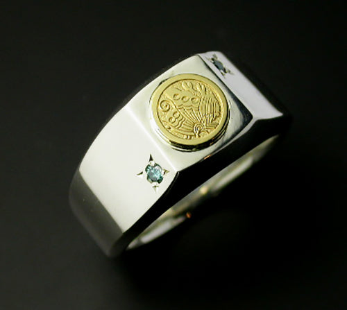 【美品】LORO VO ring 19号 silver925 Saito - 18Kt Gold Family Crest with two diamonds Silver Slim