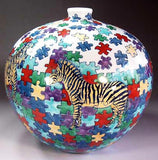 Fujii Kinsai Arita Japan - Iro Nabeshima Style Jigsaw Puzzle Zebra vase 21.00 cm  - Free Shipping