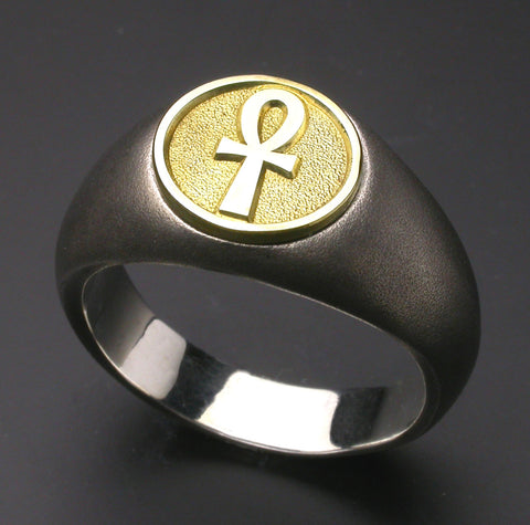 Saito - Egyptian motif  ANKH LOOP CROSS - Strength and Health  18Kt emblem Amulet Silver Ring