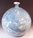 Fujii Kinsai Arita Japan - Sometsuke Ryusui Monyou Sakura & Carp Vase 33.00 cm  - Free Shipping