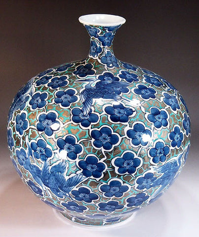 Fujii Kinsai Arita Japan - Somenishiki Platinum Heron & Plum Vase 29.5 ...
