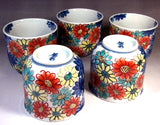 Fujii Kinsai Arita Japan - Somenishiki Hanazukushi Japanese Teacup (Yunomi) 5 Units set - Free Shipping