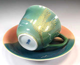Fujii Kinsai Arita Japan - Ryokusaiyu Kinsai Mt. Fuji & Crain Cup & Saucer - Free shipping