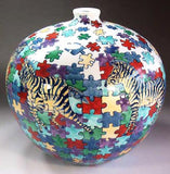 Fujii Kinsai Arita Japan - Iro Nabeshima Style Jigsaw Puzzle Zebra vase 21.00 cm  - Free Shipping