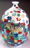 Fujii Kinsai Arita Japan - Iro Nabeshima Style Jigsaw Puzzle Zebra vase 24.50 cm  - Free Shipping