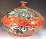 Fujii Kinsai Arita Japan - Somenishiki  Kinsai Seigaiha Oogiwari Flower & Bird vase 25.20 cm - Free Shipping