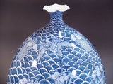 Fujii Kinsai Arita Japan - Sometsuke Seigaiha Heron & Iris Vase 35.60 cm  - Free Shipping