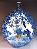 Fujii Kinsai Arita Japan - Sometsuke Karakusa Carp, Deer, Monkey Vase  34.00 cm - Free Shipping