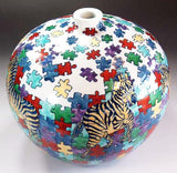 Fujii Kinsai Arita Japan - Iro Nabeshima Style Jigsaw Puzzle Zebra vase 21.00 cm  - Free Shipping