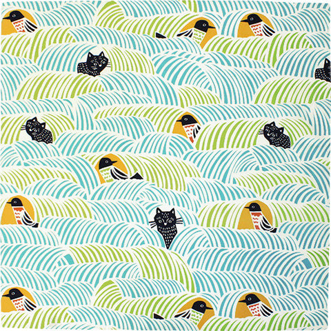 Kata Kata - Neko to Tori (Cats and birds) Green - Furoshiki   70 x 70 cm
