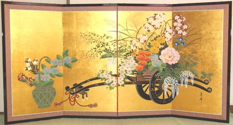 Tominaga Jyuho - Japanese Traditional Hand Paint Byobu (Gold Leaf Folding Screen) - X102 - Free Shipping