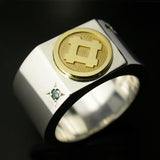 Saito - 18Kt Gold Family Crest with two diamonds Silver Ring (Silver 925)